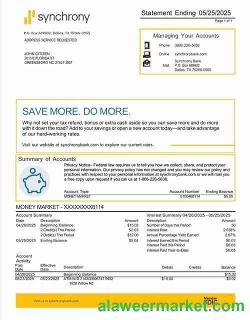 USA Synchrony Bank statement Word and PDF template